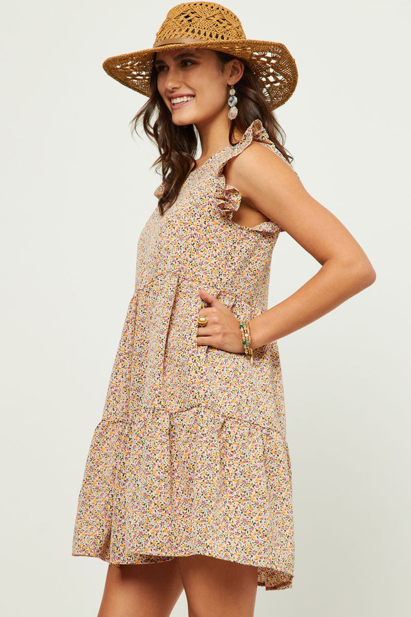 HN4533 Blush Womens Ditsy Floral Print Ruffle Detail Tiered Sleeveless Dress Side