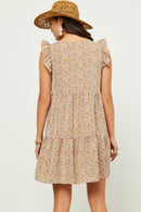 HN4533 Blush Womens Ditsy Floral Print Ruffle Detail Tiered Sleeveless Dress Back