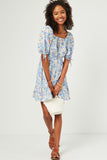 HN4540 Blue Womens Floral Cinch Waist Smocked Back Dress Full Body