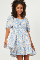 HN4540W Blue Plus Floral Cinch Waist Smocked Back Dress Full Body