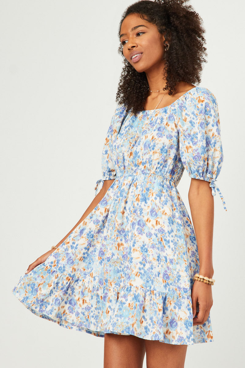 HN4540 Blue Womens Floral Cinch Waist Smocked Back Dress Front