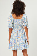 HN4540 Blue Womens Floral Cinch Waist Smocked Back Dress Side