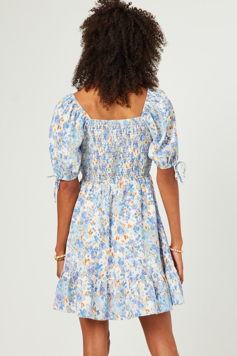 HN4540 Blue Womens Floral Cinch Waist Smocked Back Dress Side