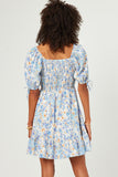 HN4540 Blue Womens Floral Cinch Waist Smocked Back Dress Side