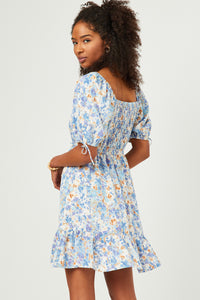 HN4540W Blue Plus Floral Cinch Waist Smocked Back Dress Full Body