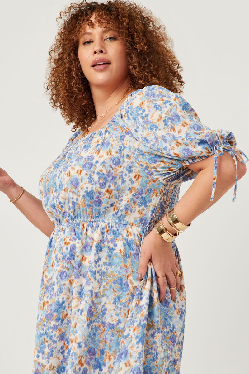 HN4540 BLUSH Womens Floral Cinch Waist Smocked Back Dress Detail