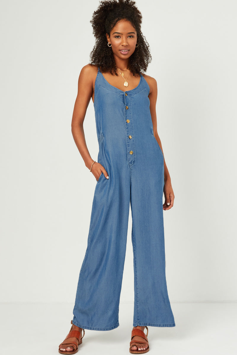 Smock Detail Buttoned Wide Leg Tencel Jumpsuit