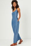 HN4577W Light Denim Plus Smock Detail Buttoned Wide Leg Tencel Jumpsuit Detail