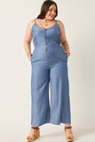 HN4577 Light Denim Womens Smock Detail Buttoned Wide Leg Tencel Jumpsuit Front