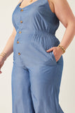 HN4577 Light Denim Womens Smock Detail Buttoned Wide Leg Tencel Jumpsuit Full Body