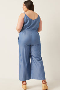 HN4577 Light Denim Womens Smock Detail Buttoned Wide Leg Tencel Jumpsuit Detail