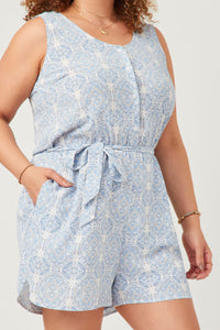 HN4581 Blue Womens Bandana Print Belted Button Detail Romper Front