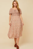 HN4688W Ivory Plus Ditsy Floral Puff Sleeve Smocked Square Neck Dress Pose