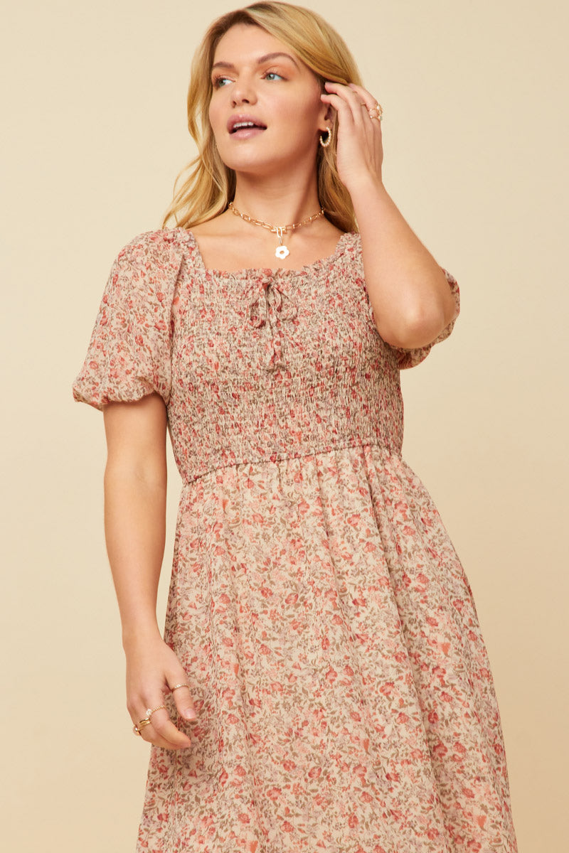 Ditsy Floral Puff Sleeve Smocked Square Neck Dress
