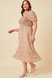 HN4688 Ivory Womens Ditsy Floral Puff Sleeve Smocked Square Neck Dress Front