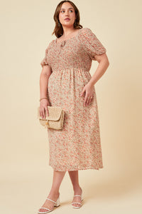 HN4688 Ivory Womens Ditsy Floral Puff Sleeve Smocked Square Neck Dress Back