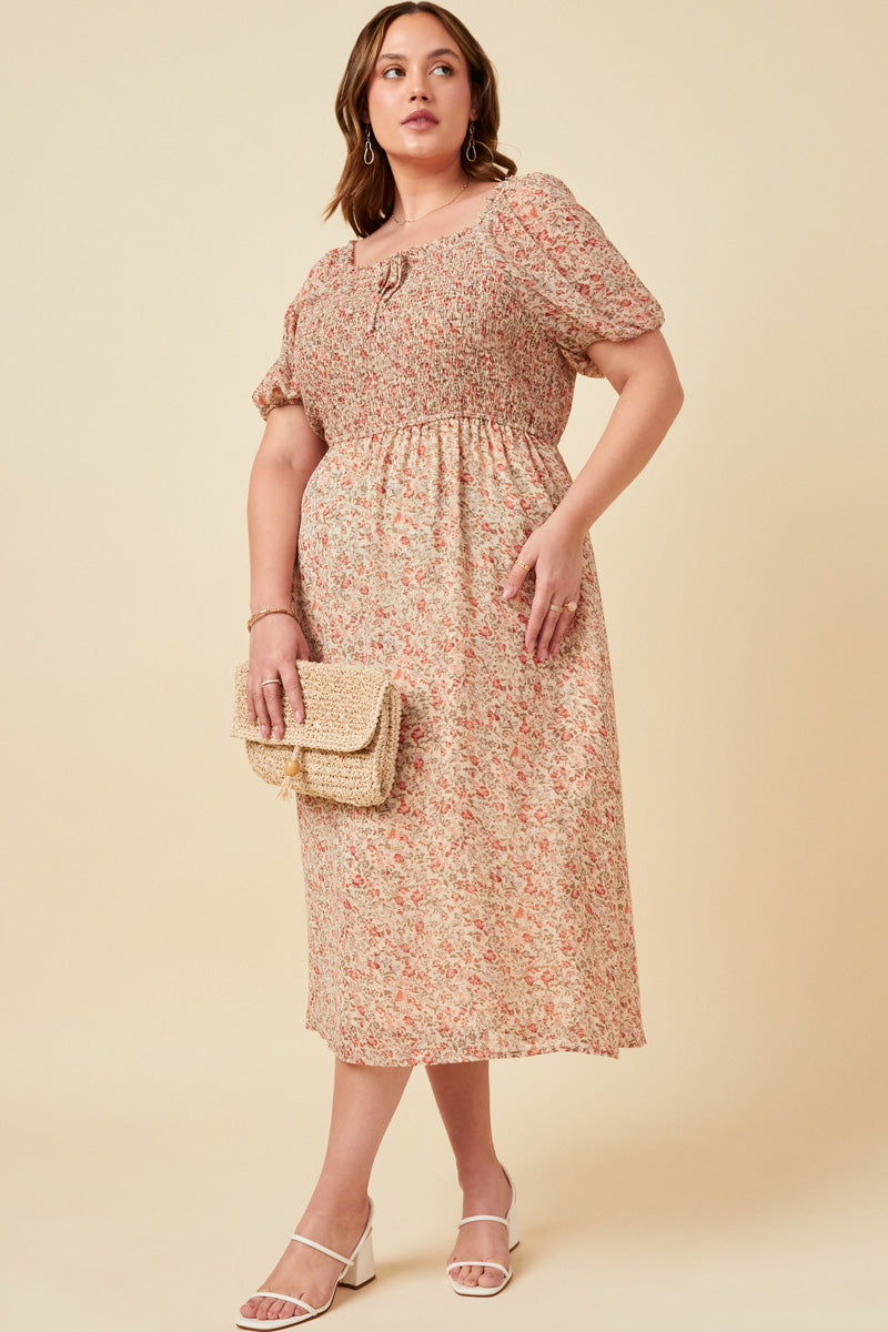 HN4688 Ivory Womens Ditsy Floral Puff Sleeve Smocked Square Neck Dress Back