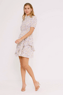 HN4730W Cream Plus Floral Smocked Neck Asymmetric Ruffle Dress Full Body