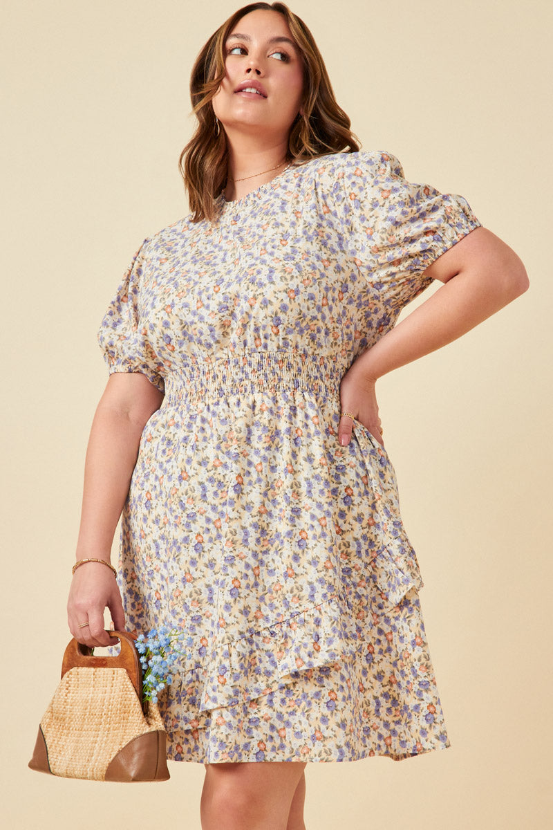 HN4730 Cream Womens Floral Smocked Neck Asymmetric Ruffle Dress Full Body