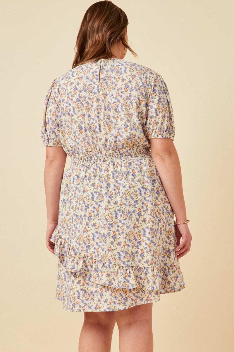 HN4730 Cream Womens Floral Smocked Neck Asymmetric Ruffle Dress Back