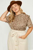 HY1083 Taupe Womens Leopard Ruffle High Neck Top Front
