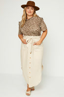 HY1083 Taupe Womens Leopard Ruffle High Neck Top Back