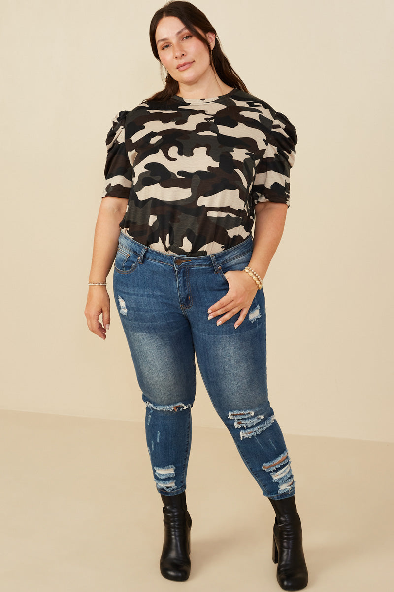 Camo Puff Sleeve Top