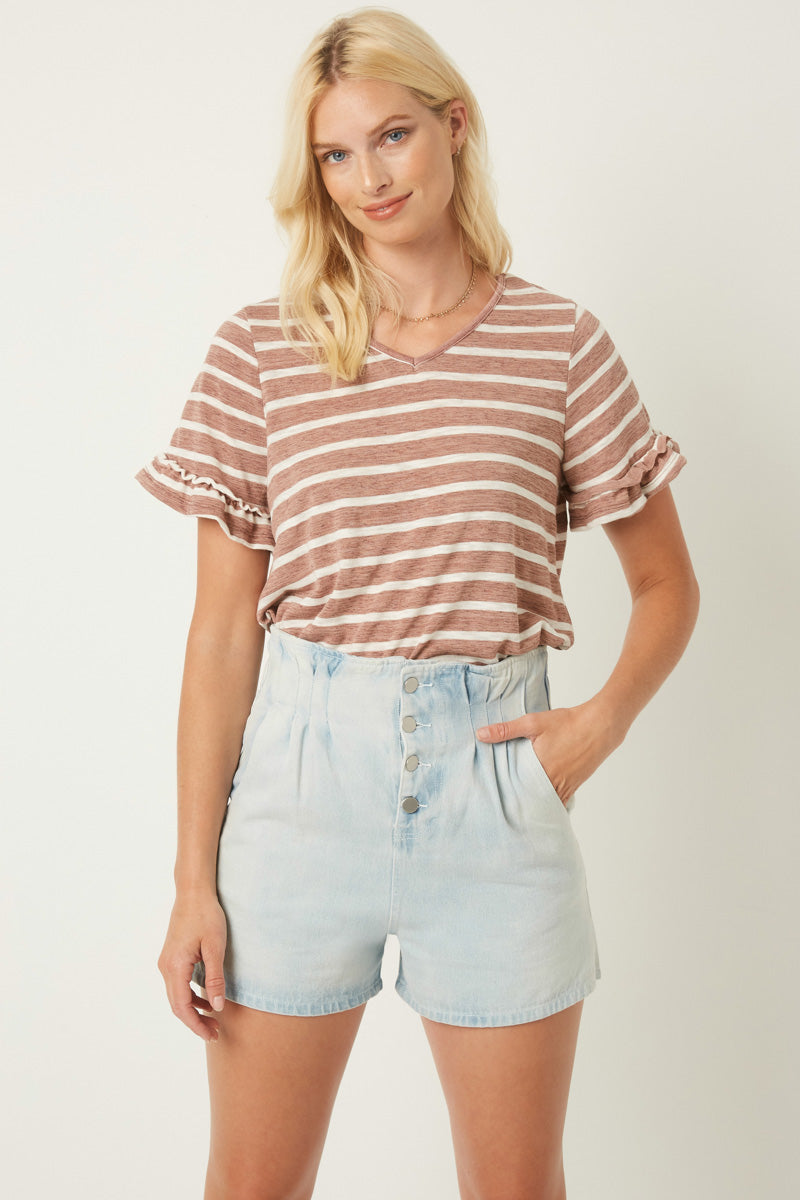 Hy1130W Light Denim Plus High Waist Pleated Denim Shorts Front 2