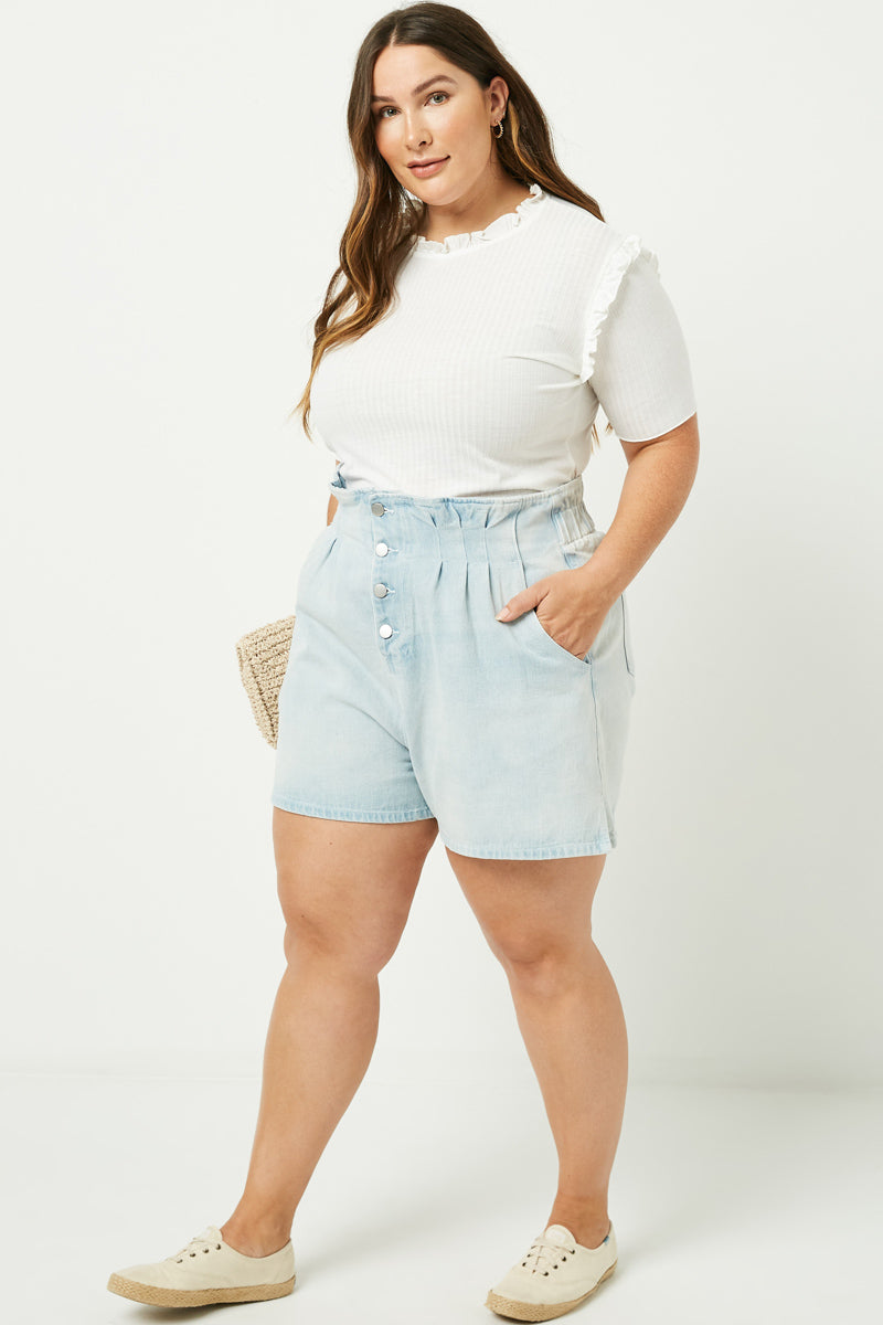 High Waist Pleated Denim Shorts