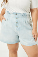 Hy1130W Light Denim Plus High Waist Pleated Denim Shorts Full Body