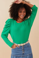 HY1207W Pink Plus Pleated Puff Shoulder Knit Top Front