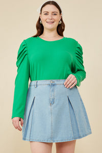 HY1207 Pink Womens Pleated Puff Shoulder Knit Top Gif