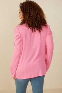 HY1207 Pink Womens Pleated Puff Shoulder Knit Top Front