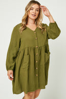 HY1230 OLIVE Button Down Pocketed Dress Side