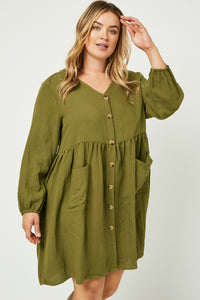 HY1230 OLIVE Button Down Pocketed Dress Side