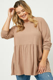 Hy1338 Taupe Womens Button Back Raglan Peplum Top Front