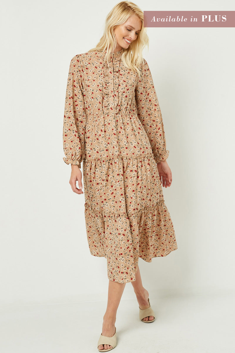 Ruffle Placket Floral Print Maxi Dress