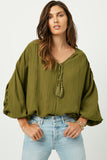 HY2005W Olive Plus Tasseled V Neck Dolman Top Full Body