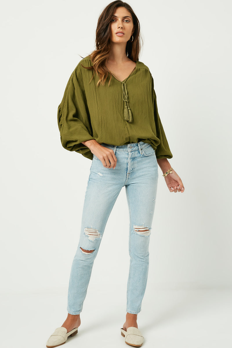 Tasseled V Neck Dolman Top