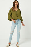 HY2005W Olive Plus Tasseled V Neck Dolman Top Full Body