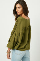 HY2005W Olive Plus Tasseled V Neck Dolman Top Back