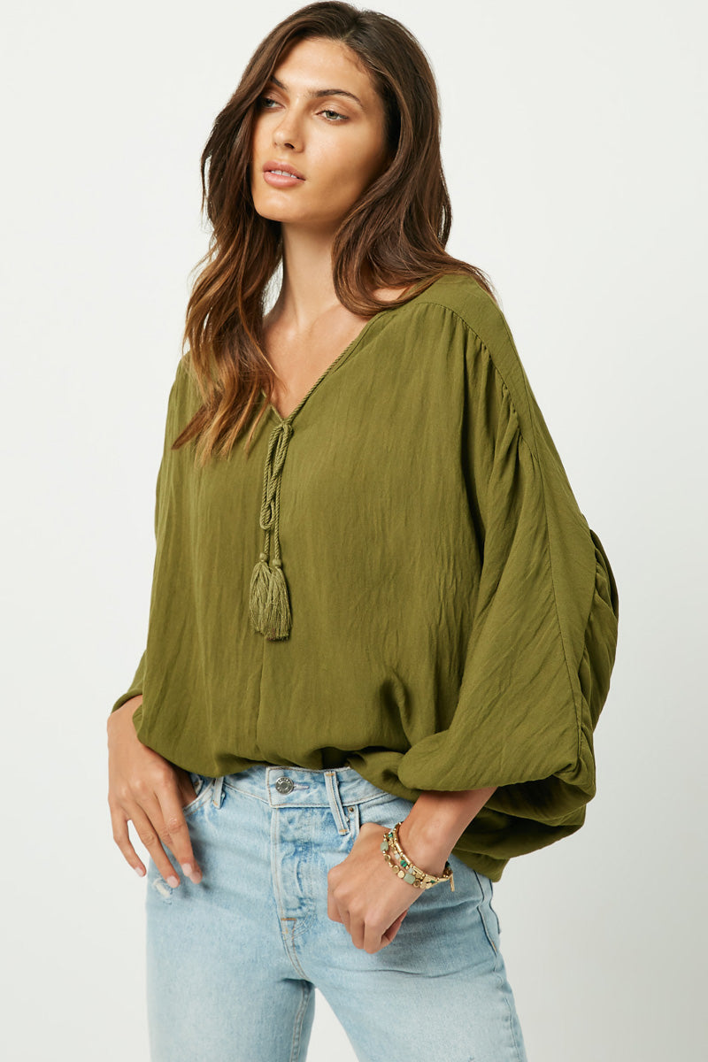 HY2005W Olive Plus Tasseled V Neck Dolman Top Front