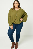 HY2005 OLIVE Tasseled V Neck Dolman Top Front