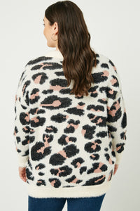 HY2048 Ivory Womens Fuzzy Leopard Sweater Cardigan Back