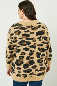 HY2048 Tan Womens Fuzzy Leopard Sweater Cardigan Full Body