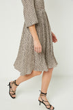 Hy2055W Taupe Plus Ditsy Print Pleated Skirt Midi Dress Front