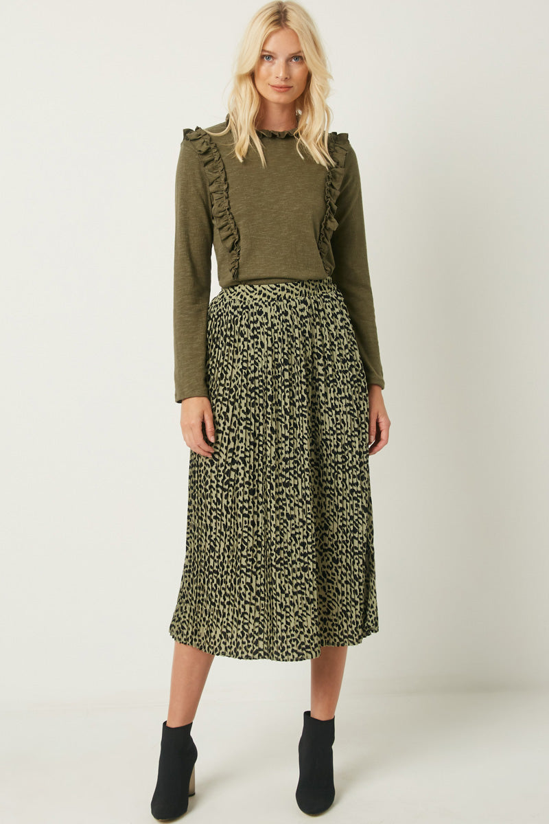 Leopard Print Pleated Midi Skirt