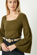 HY2095 Black Womens Soft French Terry Long Sleeve Square Neck Top Back