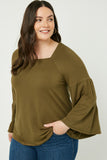 HY2095 Black Womens Soft French Terry Long Sleeve Square Neck Top Front