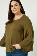 HY2095 Olive Womens Soft French Terry Long Sleeve Square Neck Top Front